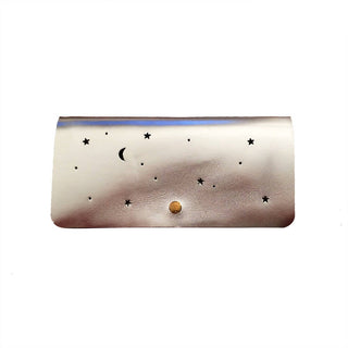 Silver leather wallet, metallic clutch with punched stars