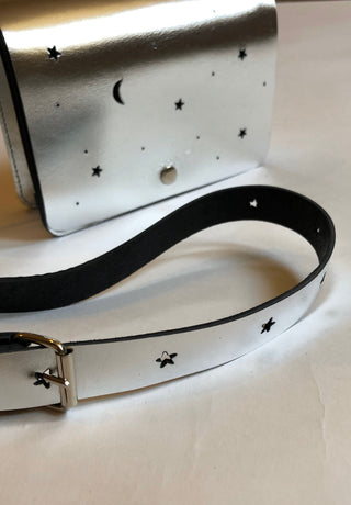 Leather purse in silver metallic with punched stars and moon